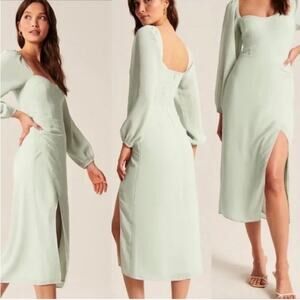 Abercrombie & Fitch Light Pastel Green Romantic Midi Dress with Sheer Sleeves